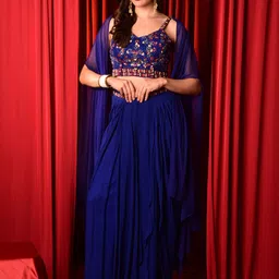 Laalzari Embroidered Shoulder Straps Crop Top & Skirt With Cape-picture-19