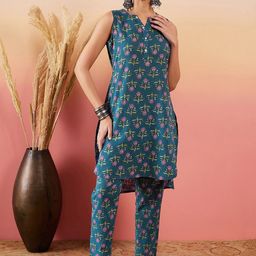 InWeave Women Floral Printed Regular Pure Cotton Kurta with Trousers-picture-13