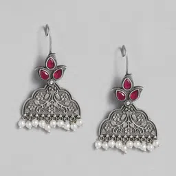 AITIHYA Silver-Plated Stones-Studded & Beaded Teardrop Shaped Oxidised Drop Earrings-18