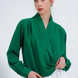 BIGDART Shawl Neck Cuffed sleeves Pleated Casual Wrap Top-image-90
