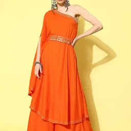InWeave One Shoulder Mirror Work Belted A-Line Kurta with Palazzos-36