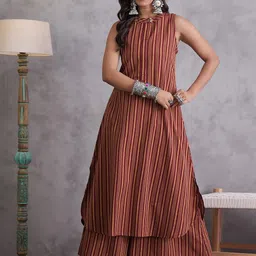 InWeave Women Striped Regular Pure Cotton Kurta with Palazzos-picture-12