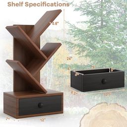 ithree Solid Sheesham Wood Book Shelf | Wooden Tree Shape Bookshelf | Free Standing Bookcase with Open 3 Shelf & One Drawer Storage | Tall Display Unit Book Stand |Rosewood, Honey Brown Finish image 2