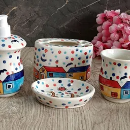INDIA MEETS INDIA White 4 Piece Abstract Printed Ceramic Bath Accessories Set-4