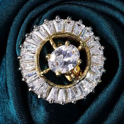 Rubans Women Gold-Toned & White CZ Stone-Studded Statement Adjustable Finger Ring-image-3