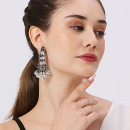 Sangria Stone-Studded & Beaded Oxidised Drop Earrings image 4