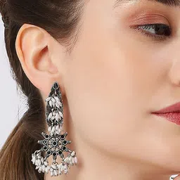 Sangria Stone-Studded & Beaded Oxidised Drop Earrings image 5