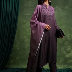 Vishudh Mauve Printed Yoke Design Thread Work Straight Kurta with Trouser & Dupatta image 1
