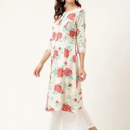 Divena Floral Printed Lace Detail A-Line Cotton Kurta image 3