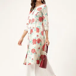 Divena Floral Printed Lace Detail A-Line Cotton Kurta image 5