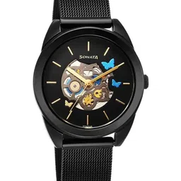 Sonata Women Brass Skeleton Dial & Stainless Steel Straps Analogue Watch 8182NM01-16