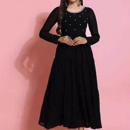 Poshak Hub Floral Embroidered Beads and Stones Georgette Tiered Anarkali Kurta-image-38