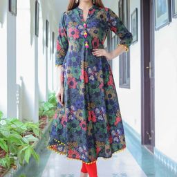 KALINI Floral Printed Mandarin Collar Cotton Pleated Anarkali Kurta-29