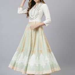 Khushal K Women Green & White Ethnic Motifs Yoke Design Mirror Work White Romance Anarkali Kurta-picture-15