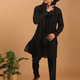 VASTRAMAY Men Georgette Sequence Semi Sheer Kurta With Pyjama & Dupatta Set image 1