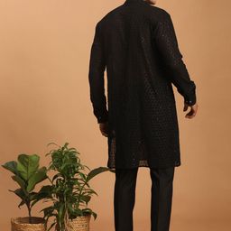 VASTRAMAY Men Georgette Sequence Semi Sheer Kurta With Pyjama & Dupatta Set image 4