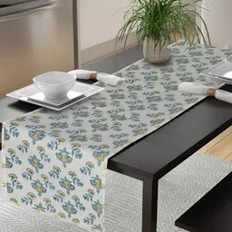TARAN LIVING Beige & Blue Floral Block Printed Pure Cotton Table Runner-32