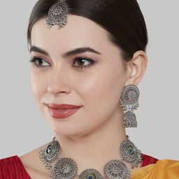 GRLIE Oxidised Silver-Plated Peacock Trend Choker Set With Maangtika And Earrings-image-14