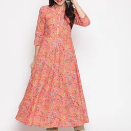GLAM ROOTS Women Orange Floral Printed Cotton Anarkali Kurta-image-18
