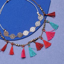 Sangria Set of 2 Gold-Plated Artificial Stone Studded Tasseled Anklets-image-41