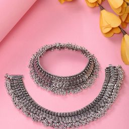 Saraf RS Jewellery Set Of 2 Oxidised Silver-Plated Contemporary Payal Anklets-24