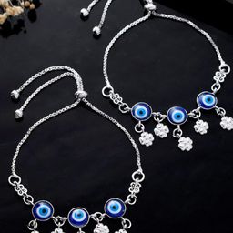 VOJ Set Of 2 Silver Plated Stainless Steel Evil Eye Anklets-image-54