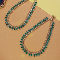 I Jewels Set of 2 Gold-Toned & Green Stone Studded Gold-Plated Anklets-17