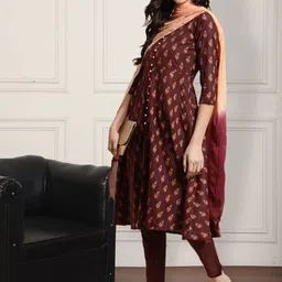 Anouk Block Floral Print Round Neck Anarkali Kurta With Trousers & Dupatta image 5