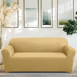 Cortina Beige Solid Polyester 1 Piece Sofa Cover With Arms-picture-28