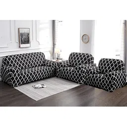 Stuff N' Fluff Black & White 3 Pieces Printed 5 Seater Sofa Cover With Arms-65