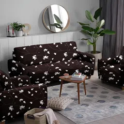 Stuff N' Fluff Brown & White 3 Pieces Printed 5 Seater Sofa Cover With Arms-71