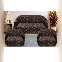 Stuff N' Fluff Brown & White 3 Pieces Printed 5 Seater Sofa Cover With Arms-29