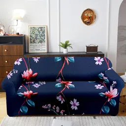 Aura Blue & White Printed Three Seater Sofa Cover With Arms-image-1