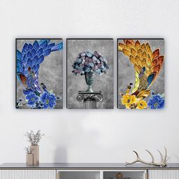 SAF Grey & Blue 3 Pieces Flower Pot & Peacocks Wall Art Painting-4