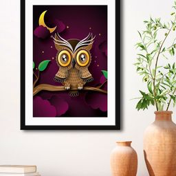 999Store Purple & Brown Owl Painting Printed Framed Wall Art-24