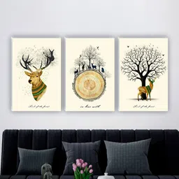 SAF White & Black 3 Pieces Deer & Tree Matte Finish Wall Art-16