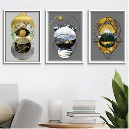 Aura Grey & Yellow 3 Pieces Wood Abstract Wall Paintings-image-44