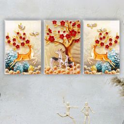 SAF Beige & Blue 3 Pieces Deer & Tree Matte Finish Wall Art-30