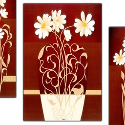 PnF Maroon & Off White 3 Pieces Floral and Botanical Wooden Painting Wall Art-image-1