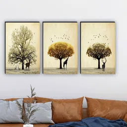 SAF Beige & Green 3 Pieces Tree And Ziraf Painting Waterproof Wall Arts-image-20