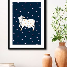 999Store Blue & White Nandi Cow Painting Printed Framed Wall Art-image-90