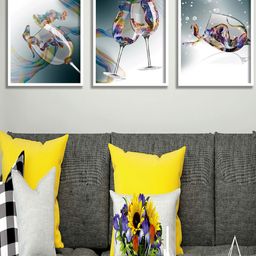 SAF 3-Pcs White & Blue Wine Glass Painting Wall Art-9