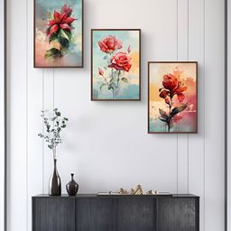 999Store Pink & Red 3Pcs Floral And Botanical Wall Paintings-9