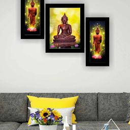 SAF Yellow & Brown 3 Pieces Buddha Modern Art Self Adhesive Framed Wall Art-image-0