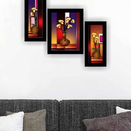 SAF Black & Yellow 3-Pieces Flower Pot Modern Wall Art Painting-image-33