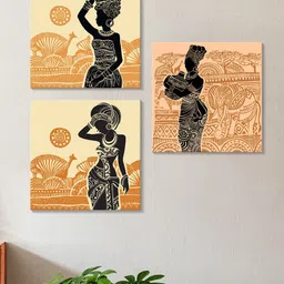 Art Street Orange & Black 3 Pieces African Lady Cotton Canvas Wall Art-image-84
