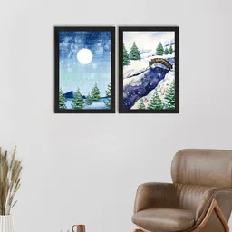 eCraftIndia Set Of 2 Blue & White Winter Snowy Place Satin Matt Texture UV Art Painting-20
