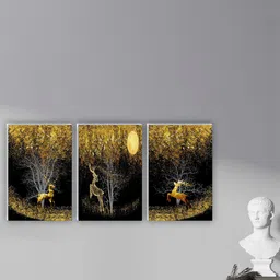 SAF Black & Yellow 3 Pieces Abstract Tree & Deer Painting Waterproof Wall Arts-image-20