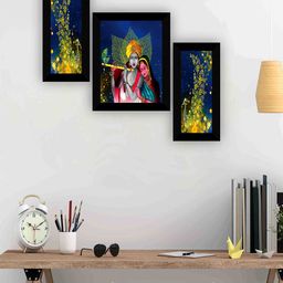 SAF Black & Blue 3-Pieces Radha Krishna Printed Framed Wall Art-image-71