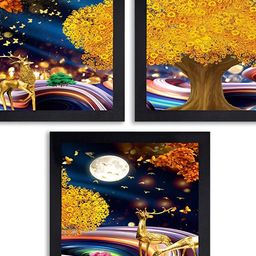 PnF Yellow & Blue 3Pcs Wooden Floral And Botanical Wall Paintings-23